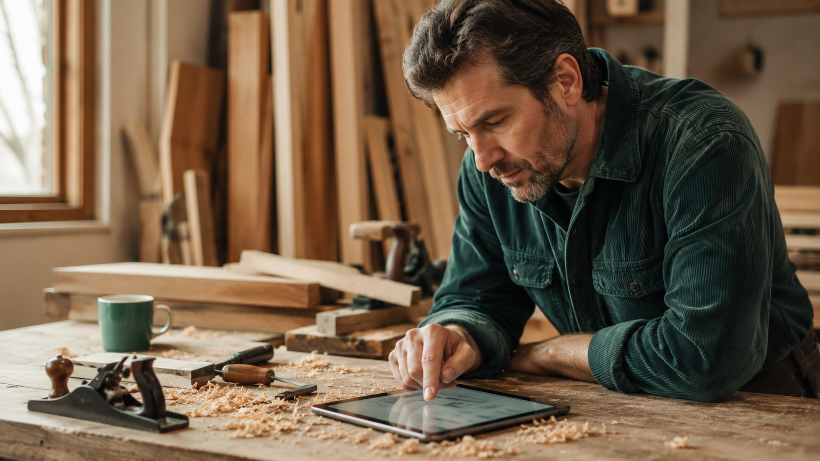 Menuisier relisant un devis sur une tablette posée sur son établi dans un atelier lumineux