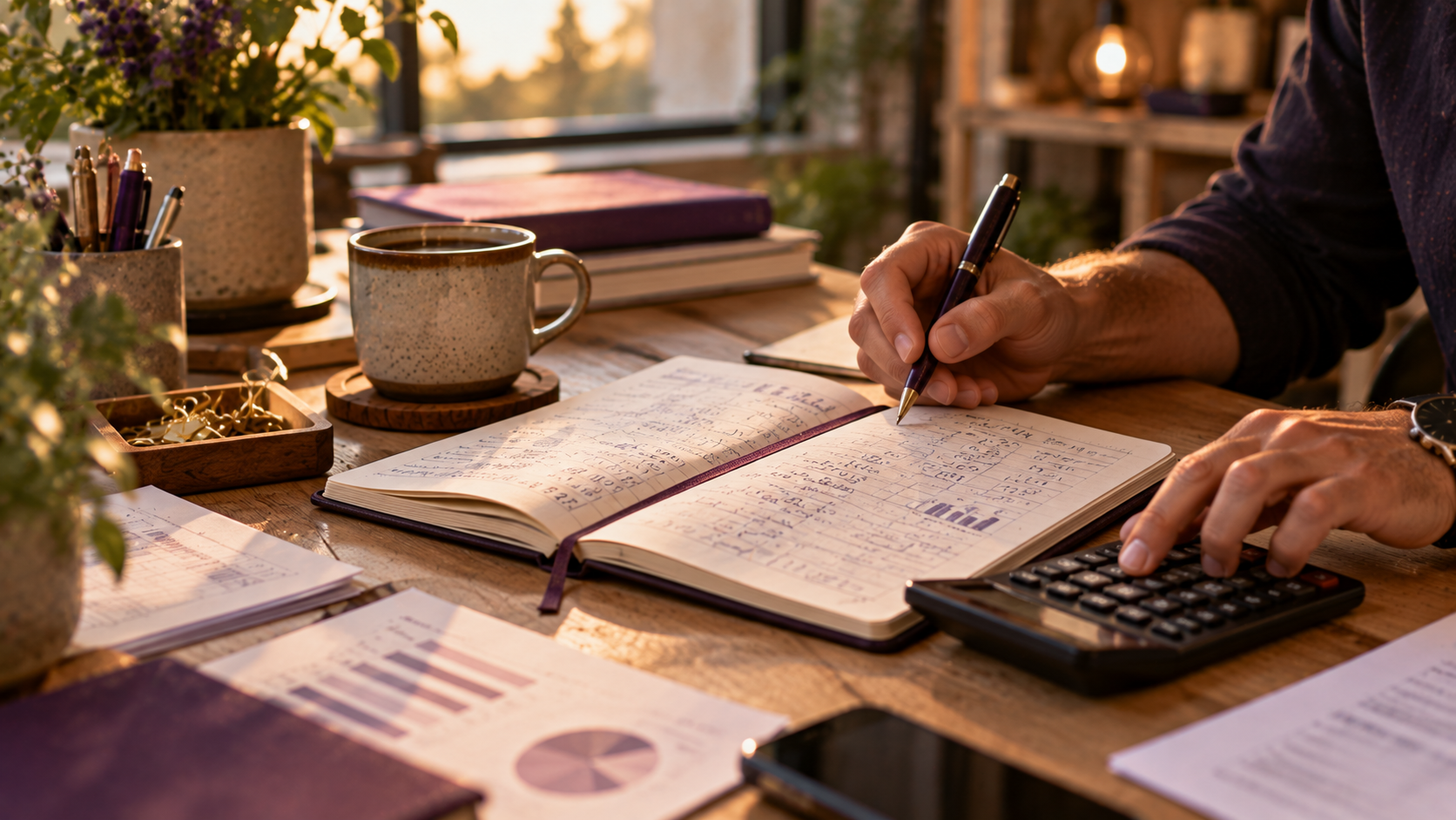 carnet de calculs et calculatrice sur un bureau, symbolisant le calcul du coût réel d'un alternant.
