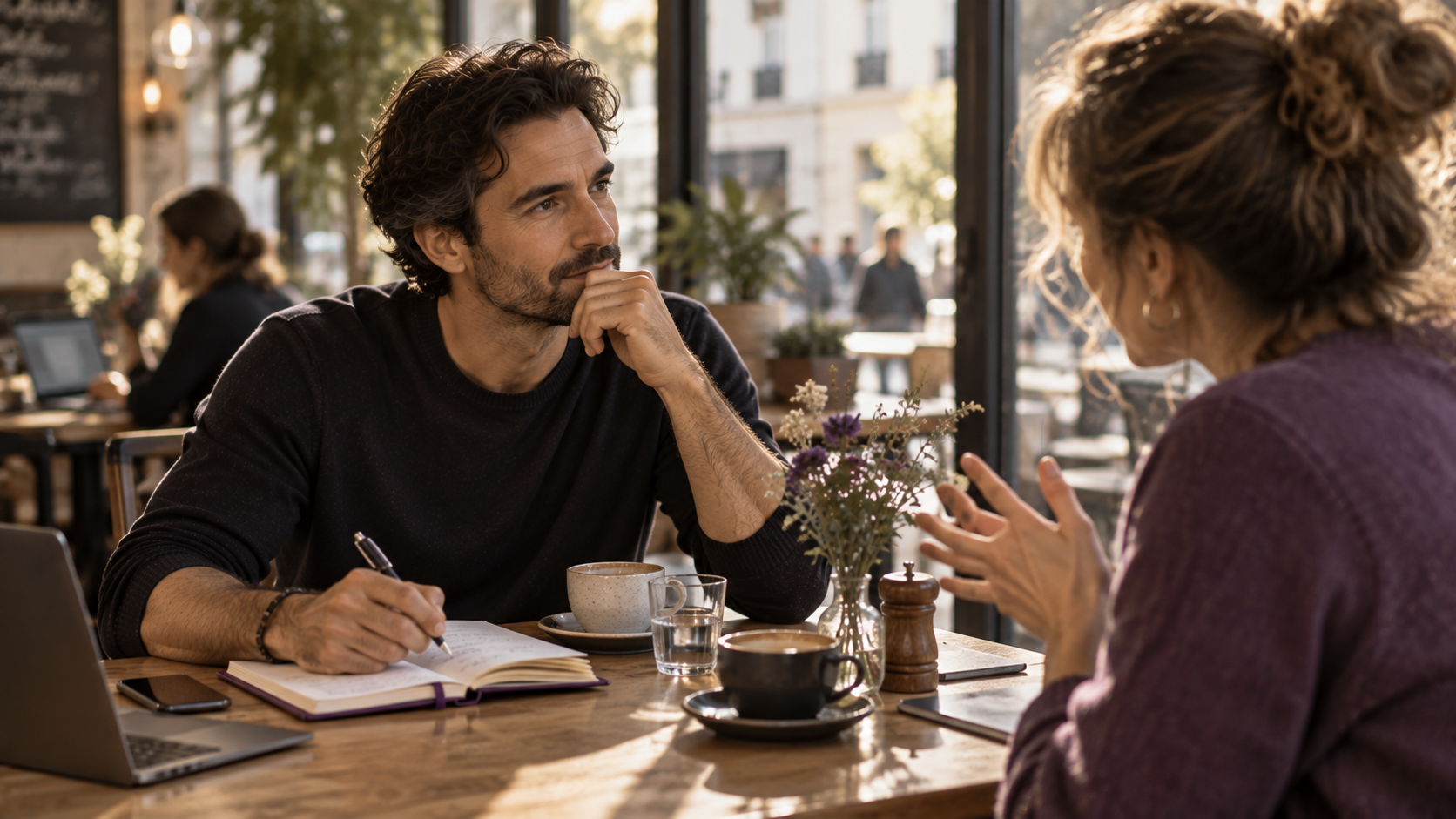 Entretien client de vingt minutes dans un café, prise de notes manuscrite.
