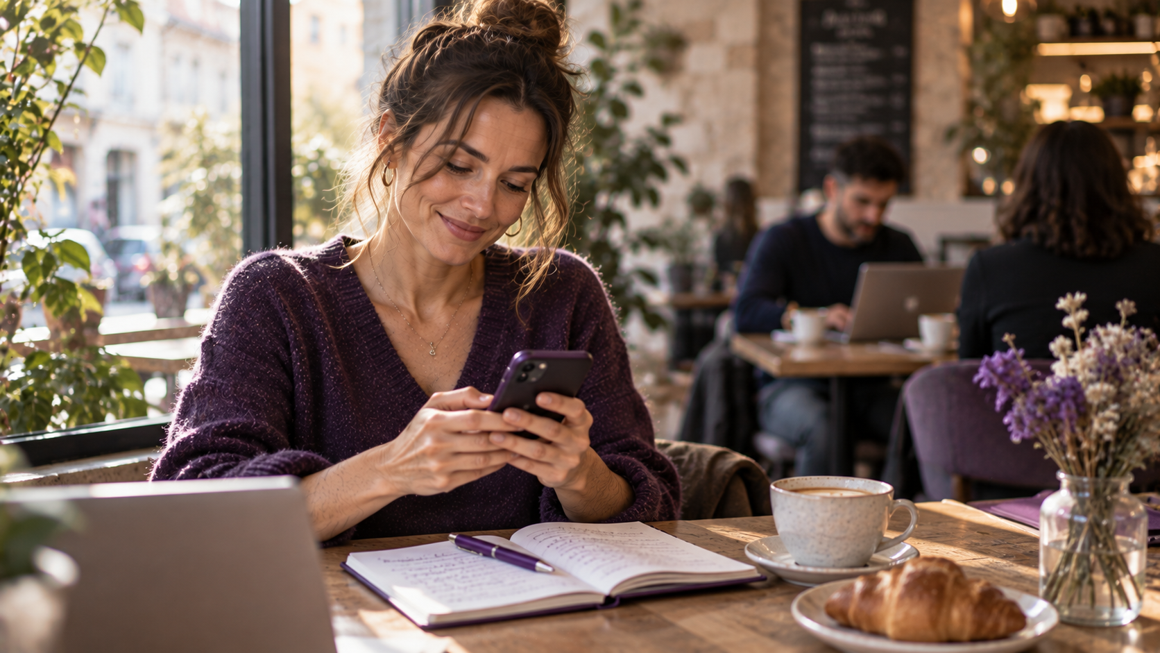 Une indépendante rédige une publication LinkedIn depuis un café.