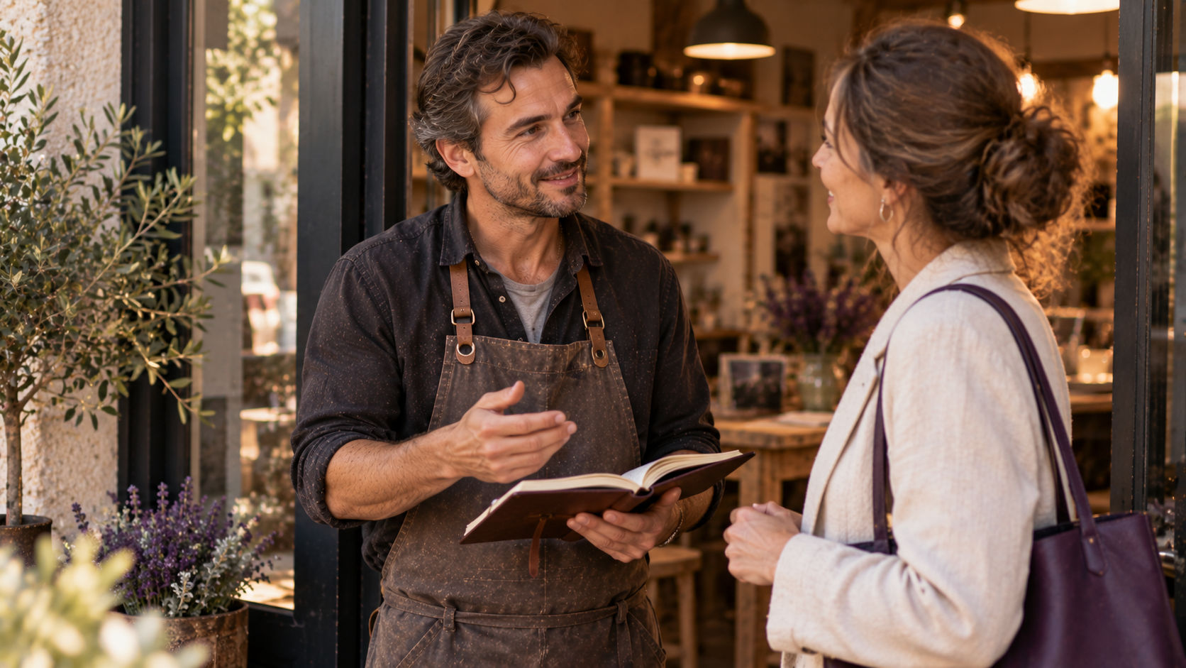 Un artisan fixe un rendez vous de suivi avec une cliente régulière