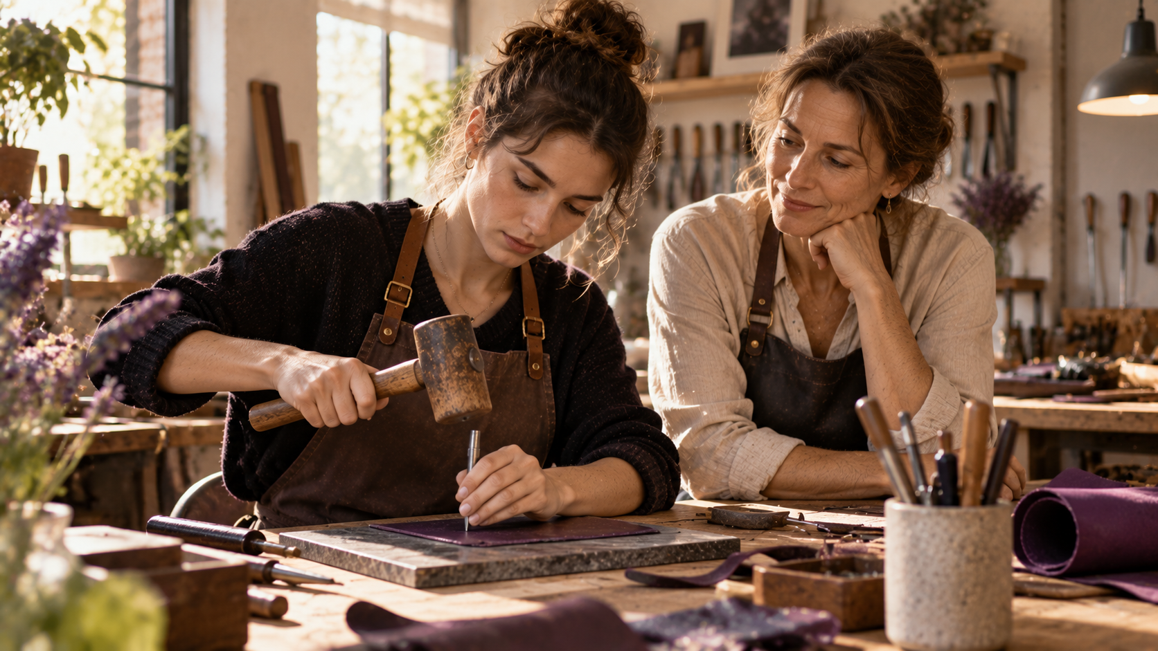 une artisane laisse son apprentie exécuter seule un geste technique dans un atelier.