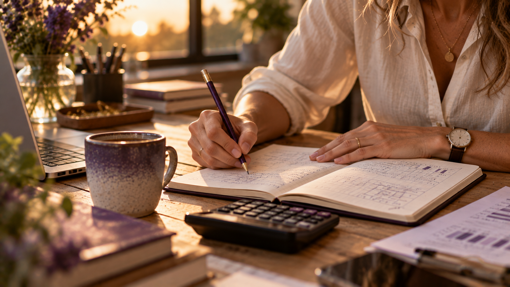 Une entrepreneure calcule ses trois indicateurs mensuels dans un carnet